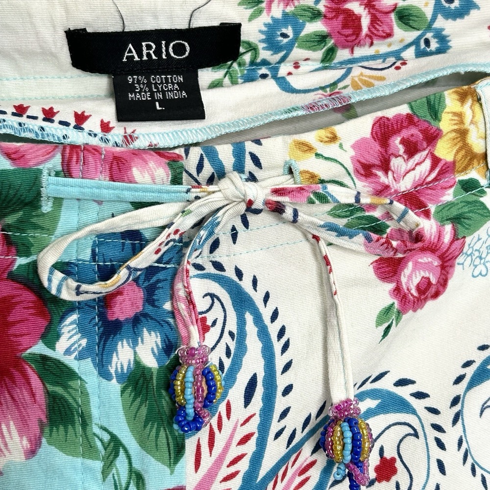Ario Beaded Cropped Pants Large Boho Cottage Floral Art Patchwork Print Wide Leg - Picture 9 of 14